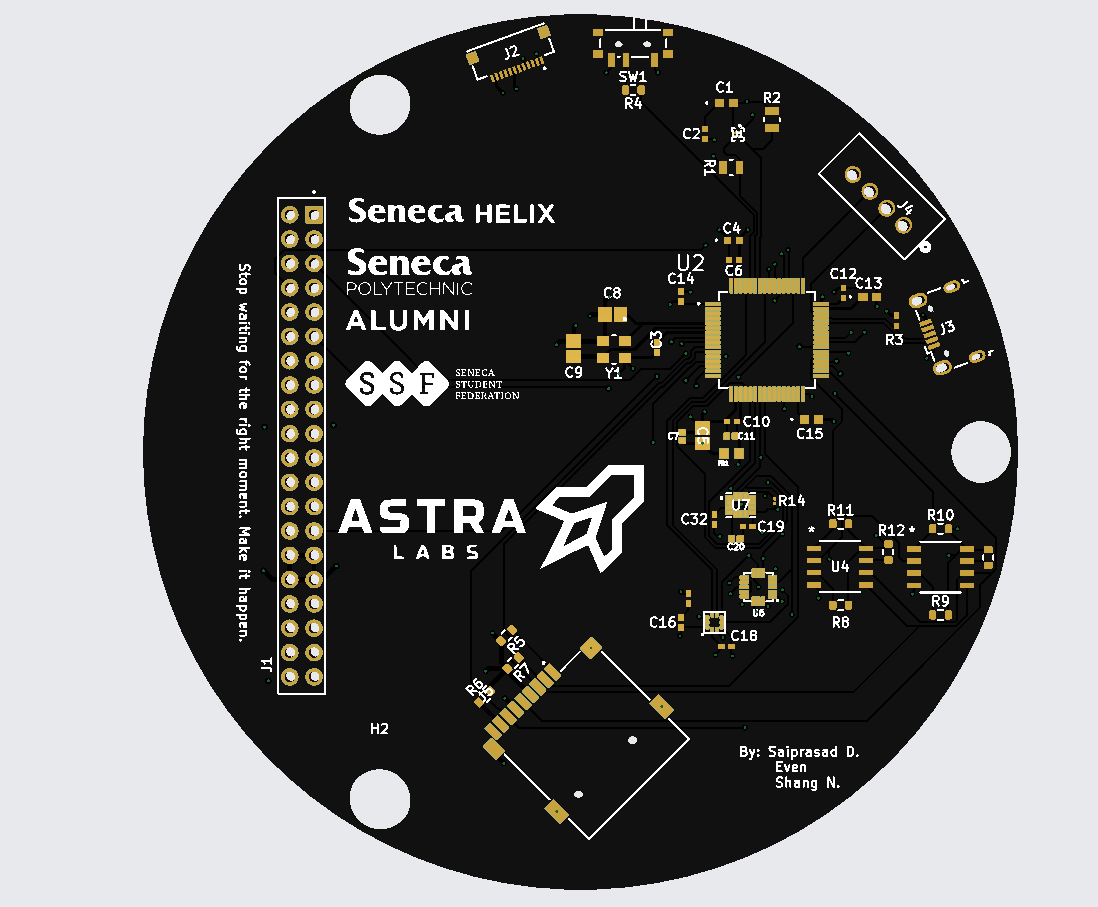 Astra Labs circular PCB artwork with sponsor marks